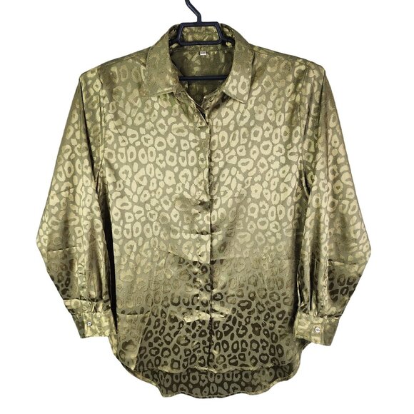 Womens Vintage Olive Green Leopard Print Shirt Blouse Button Up Long Sleeve 2XL - Picture 1 of 12